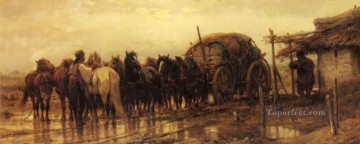 Arabe attelant des chevaux à l’Arabe Wagon Adolf Schreyer Peinture à l'huile